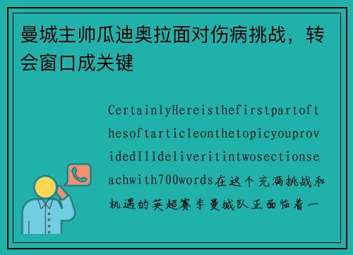 曼城主帅瓜迪奥拉面对伤病挑战，转会窗口成关键