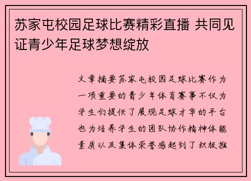 苏家屯校园足球比赛精彩直播 共同见证青少年足球梦想绽放